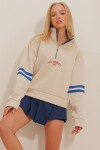 Bej Fermuarlı Şeritli 3 İplik İçi Şardonlu Sweatshirt