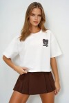 Beyaz Bisiklet Yaka Ayıcık Motifli Oversize Crop T Shırt