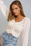 Beyaz Brit Detaylı Delik İşi Crop Bluz