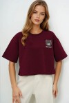 Bordo Bisiklet Yaka Ayıcık Motifli Oversize Crop T Shırt