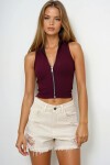 Bordo Dik Yaka Fermuarlı Ottoban Crop Bluz
