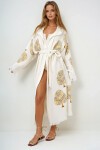 Ekru Desenli Beli Kuşaklı Pamuk Müslin Kapüşonlu Kimono