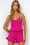 Fuşya Beli Ve Paçası Fırfır Detaylı Askılı Crop Bluz Ve Şortlu Pijama Takımı