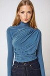 İndigo Mavi Dik Yaka Omzu Drapeli Sandy Crop Bluz
