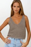 Koyu Bej Askılı Ajurlu Örme Crop Bluz