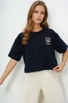 Koyu Lacivert Bisiklet Yaka Ayıcık Motifli Oversize Crop T Shırt