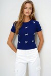 Lacivert Bisiklet Yaka Fiyonk Süslü Crop Bluz