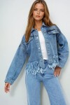 Mavi Cep Ve Püskül Detaylı Yıpratmalı Crop Jean Ceket