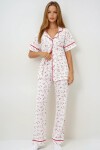 Mikro Çiçek Nar Tek Cepli Biye Detaylı Pamuklu Gömlek Ve Pantolonlu Pijama Takımı