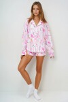 Pembe Ekru Duble Manşet Ve Paça Detaylı Dokuma Gömlek Ve Şortlu Pijama Takımı