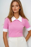 Pembe Renk Bloklu Polo Yaka Kaşkorse Bluz