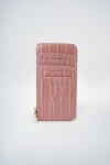 Pembe Suni Deri Fermuarlı Para Bölmeli Croco Desen İnce Kartlık