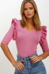 Pembe V Yaka Kolları Fırfırlı Triko Bluz