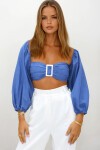Saks Poplin Sırtı Gipeli Toka Detaylı Prenses Kol Crop Bluz