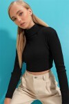 Siyah Balıkçı Yaka Fitilli Basic Crop Body Bluz