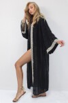 Siyah Etnik Nakış İşlemeli Uzun Kimono