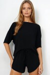 Siyah Geniş Yaka Dokulu Basic T Shirt Ve Şortlu Alt Üst Takım