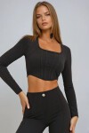 Siyah Kare Yaka Önü Dikişli Crop Bluz