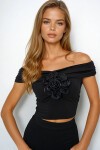 Siyah Madonna Yaka Gül Aksesuarlı Drapeli Crop Bluz