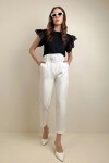 Beyaz Yüksek Bel Çift Cepli Beli Kemerli Straight Fit Pantolon