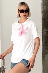 Beyaz Bisiklet Yaka Çıkabilen Çiçekli Pamuk T Shirt