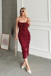 Bordo Ayarlanabilir İnce Askılı Yanı Yırtmaçlı Çiçek Desenli Elbise