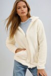 Ekru Kapüşonlu Önü Fermuarlı Çift Cepli Oversize Peluş Sweatshirt