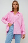 Pembe Kalp Nakışlı Çizgili Oversize Dokuma Gömlek