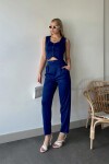Saks Yüksek Bel Havuç Pantolon Ve Kalp Yaka Düğmeli Crop Yelek Alt Üst Takım