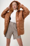 Taba Kapüşonlu Fleto Cepli Puffer Fashion Oversize Şişme Mont