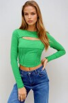 Yeşil Bisiklet Yaka Out Cut Kesimli Dikişli Crop Bluz
