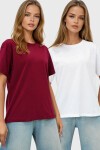Bordo Beyaz 2'Li Paket Bisiklet Yaka Basic T Shırt