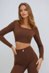 Kahve Kare Yaka Önü Dikişli Crop Bluz