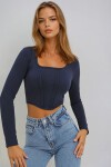 Lacivert Kare Yaka Önü Dikişli Crop Bluz