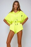 Neon Sarı Kapüşonlu Crop Sweatshirt Ve Şortlu Takım
