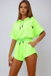 Neon Yeşil Kapüşonlu Crop Sweatshirt Ve Şortlu Takım
