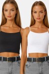 Siyah Beyaz İp Askılı Basic Crop Bluz 2'Li Takım