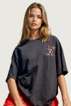Siyah Bisiklet Yaka Emoji Nakışlı Oversize Unisex T Shirt