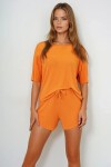 Turuncu Geniş Yaka Dokulu Basic T Shirt Ve Şortlu Alt Üst Takım