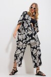 Siyah Palazzo Pantolon Ve Desenli Dokuma Viskon Kimono Takım