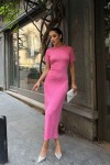 Pembe Bisiklet Yaka Kısa Kollu Fitilli Midi Boy Triko Elbise