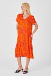Turuncu Desenli V Yaka Kısa Kollu Midi Boy Elbise