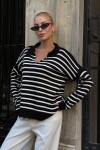 Siyah-Çizgili Polo Yaka Yarım Pat Oversize Triko Kazak