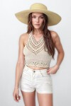Taş Sırt Dekolteli Halter Yaka Ajurlu Crop Bluz