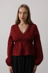 Bordo V Yaka Dantelli Eteği Fırfırlı Bluz