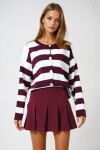 Bordo Kalın Çizgili Düğmeli Triko Hırka