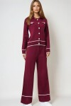 Bordo Kontrast Biyeli Polo Yaka Triko Hırka Ve Pantolon Takım