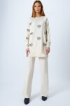 Ekru Kalp Desenli Triko Kazak Ve Düz Paça Pantolon Takım