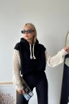 Kapüşonlu File Örgü Kol Bağcıklı Crop Sweatshirt