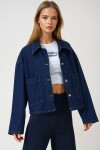 Koyu Mavi Çift Cepli Düğme Kapamalı Denim Ceket
